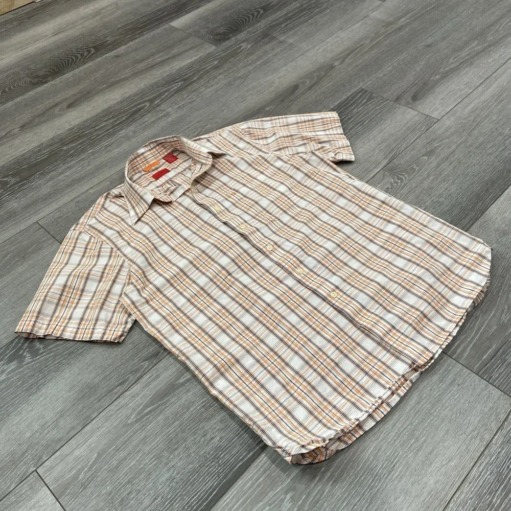 IZOD Short Sleeve Button-Down Shirt‎ Mens Size M Plaid Orange Navy White Logo